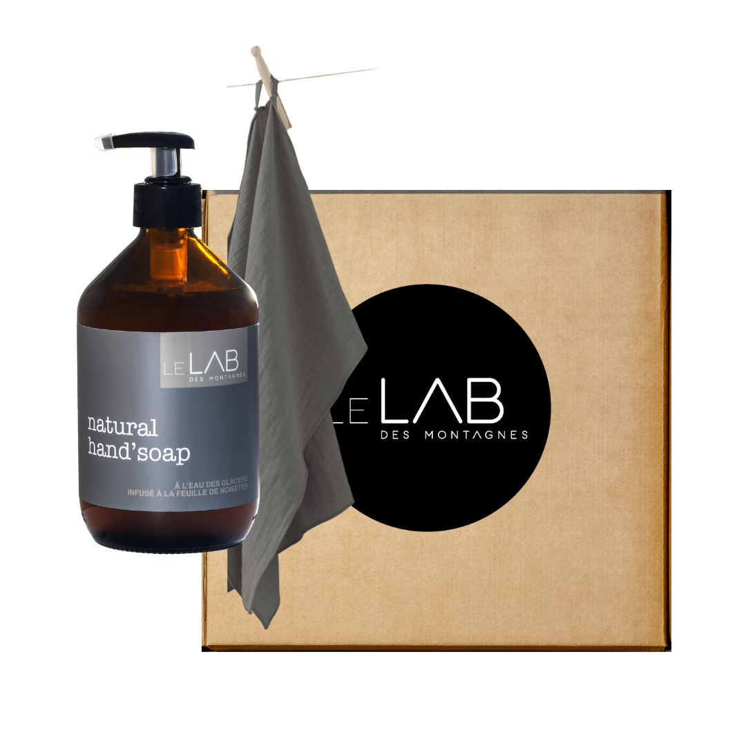 Le Lab Box Grey _ Savon liquide naturel 250ml + Essuie-mains en gaze de coton Gris foncé