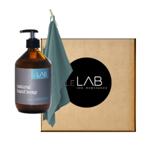 Le Lab Box Blue-Green_ Savon liquide naturel 250ml + Essuie-mains en gaze de coton Bleu-vert